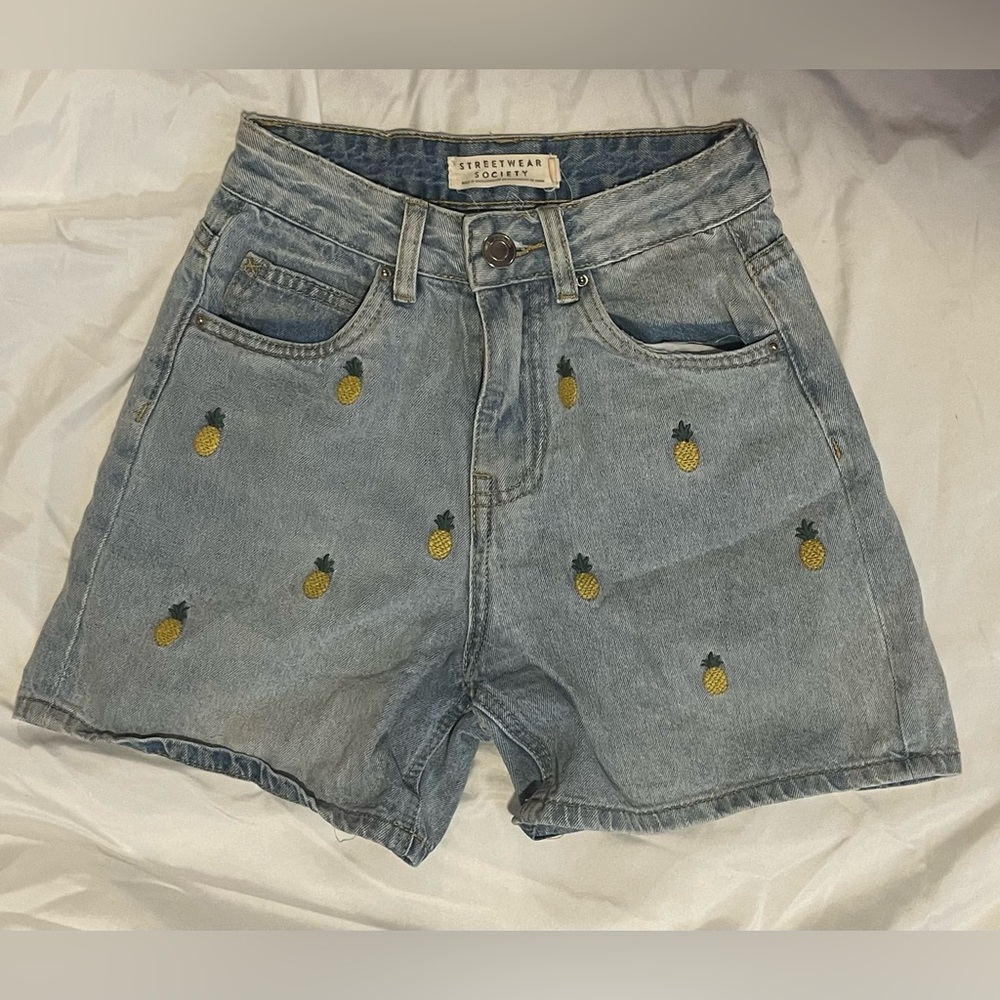 Mandees Streetwear Society High Rise Pineapple Denim Shorts